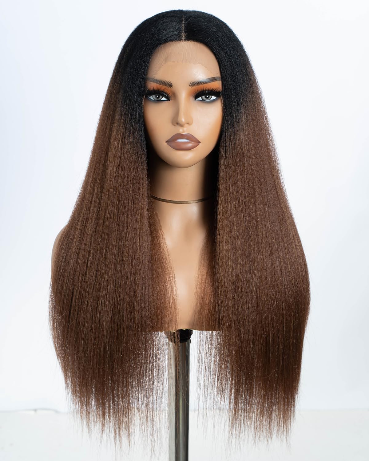 Style Icon Yaki Straight Lace Front Wig for Women 24 inches Middle Part Synthetic Lace Front Wig Heat Resistant Fibers Ombre Brown Color (TT1B/30)