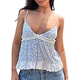 Women Y2k Ruffle Hem Babydoll Tank Top Cute Spaghetti Strap V Neck Flowy Peplum Camisole Summer Coquette Streetwear