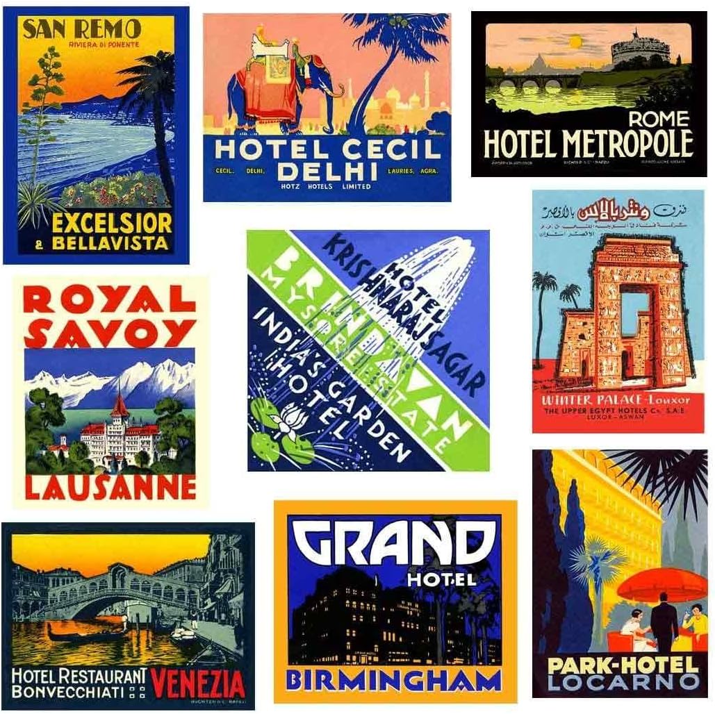 Repro Vintage Hotel Luggage Label Stickers Pack of 9 Suitcase Travel
