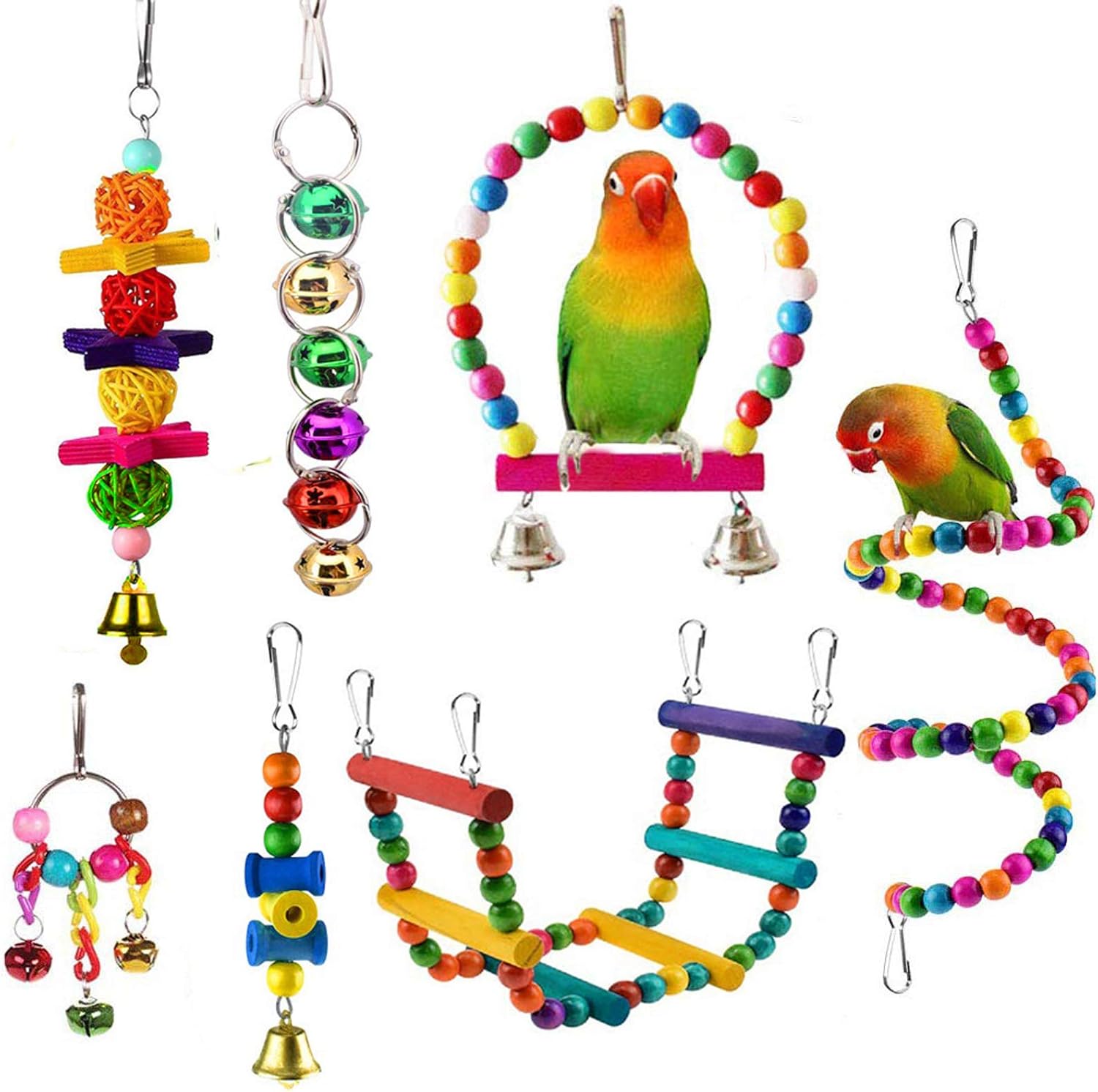 Amazon.com: Esrisse 7 piezas de juguetes para loros de pájaro, campana, jaula para pájaros, hamaca para columpio, escaleras, juguete de madera para loros pequeños, conures, pájaros de amor, pequeños periquitos, cacatas, Finche: