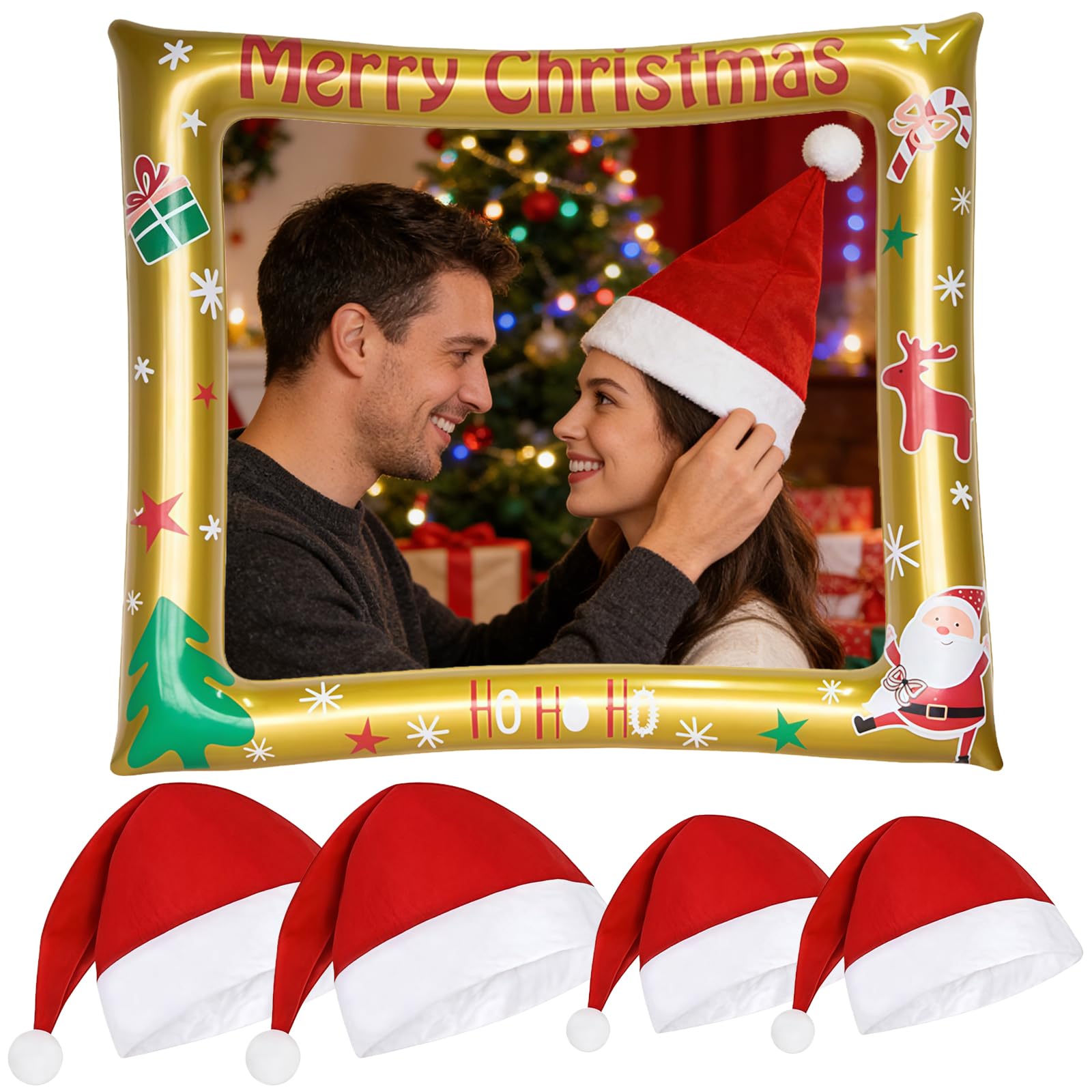 Christmas Photo Booth Frame with 4pcs Christmas Hats for Adults,Kids Photo Props Selfie Frame, Inflatable Photo Booth Selfie Frame,Giant Inflatable Party for Party Game Supplies