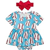 Youweixiong Infant Baby Girl Baseball Outfit Short Sleeve Romper Skirt Bodysuit Princess Dress Sports Summer Clothes Heabdand