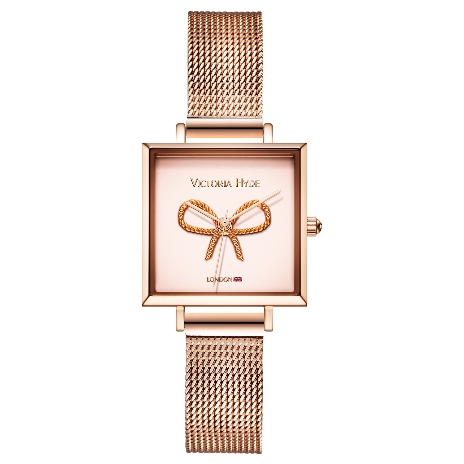 VICTORIA HYDE Women Watches Analog Quartz 3D Bow Pattern Square Dial Stainless Steel Mesh Band