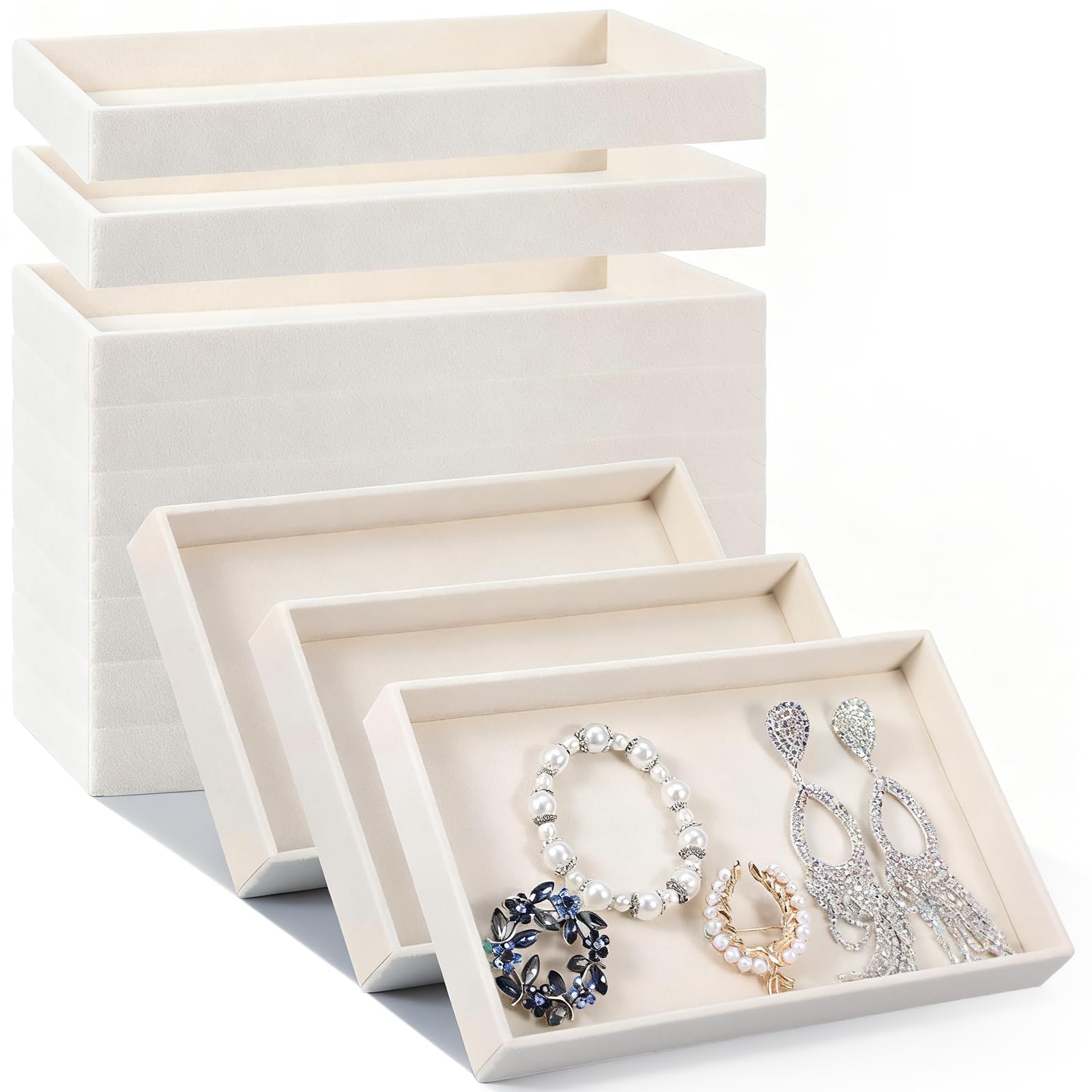 Photo 1 of 12 Pack Velvet Jewelry Trays, 9.4 x 5.4 x 1 Inches Premium Stackable Jewelry Drawers Organizer Inserts for Women Girls, Beige Jewelry Storage Display Trays for Necklace Earring Ring Bracelet (1 grid)