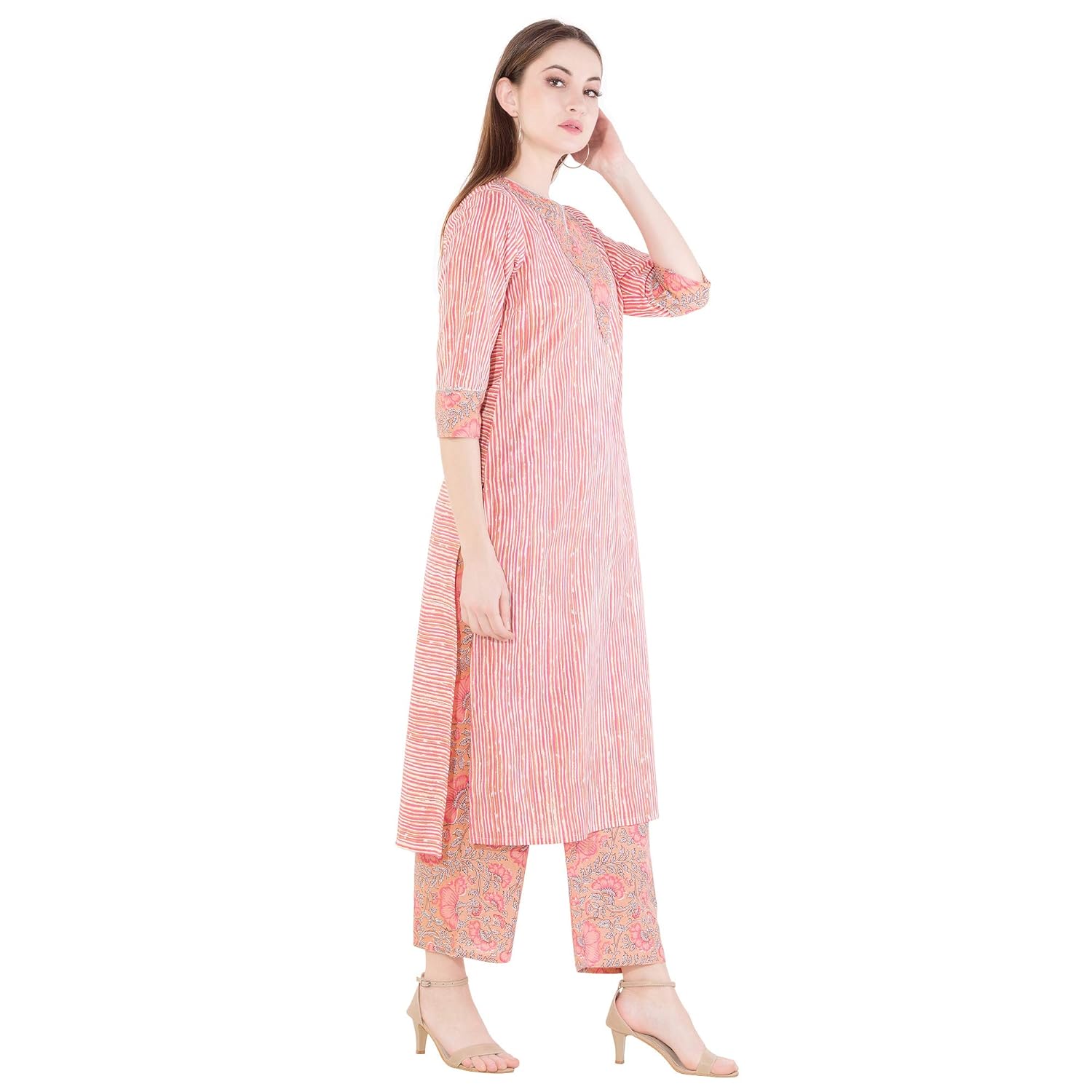 harshana women's printed kurta with palazzo set (pink)