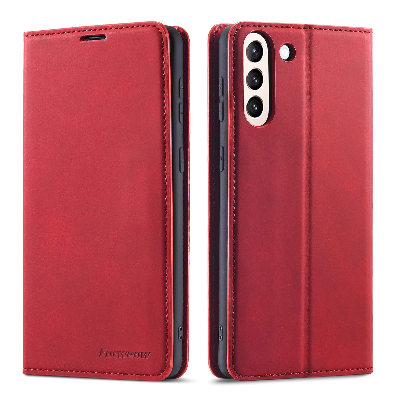QLTYPRI Case for Samsung Galaxy S21 FE 5G, Premium PU Leather Cover TPU Bumper with Card Holder Kickstand Hidden Magnetic Adsorption Flip Wallet Case Cover for Samsung Galaxy S21 FE 5G - Red