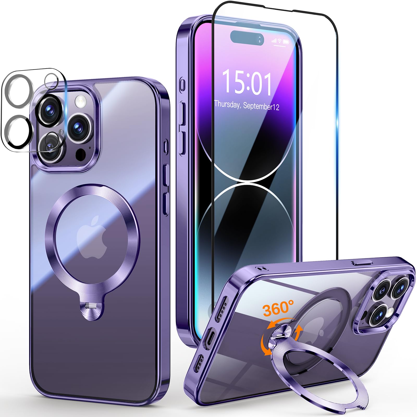 Photo 1 of [Tri-Shield Protection] for iPhone 14 Pro Max Case with 360° Spin Stand Compatible with MagSafe [Magnetic CD Ring][Screen & Camera Lens Protector]Shockproof Plating Never-Yellowing, Purple-6.7"