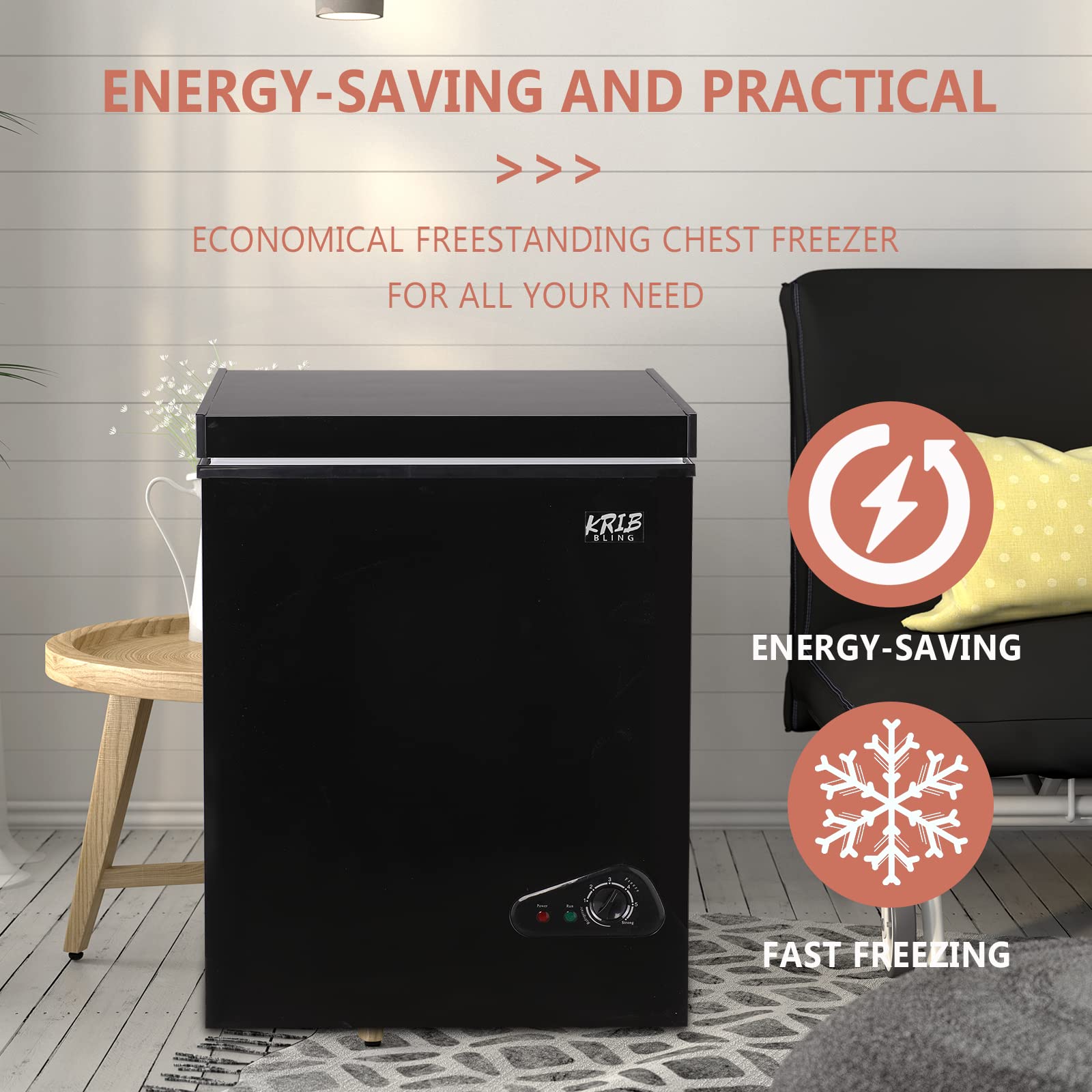 3.5 Cu.Ft Compact Chest Freezer with Removable Basket, Top Door Open Freestanding Deep Freezer with 7 Gears Temperature Adjustment, Ideal for Home, Kitchen & Office, Black (72Q)