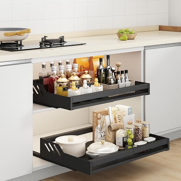 WONCHERRY EXPANDABLE PULL OUT CABINET ORGANIZER, ADJUSTABLE(13″-21.7″W X16.9″D) SLIDING DRAWER ORGANIZER, NO SCREW/PUNCH SLIDE OUT UNDER SINK CABINET STORAGE SHELF FOR KITCHEN PANTRY HOME, BLACK 1PACK