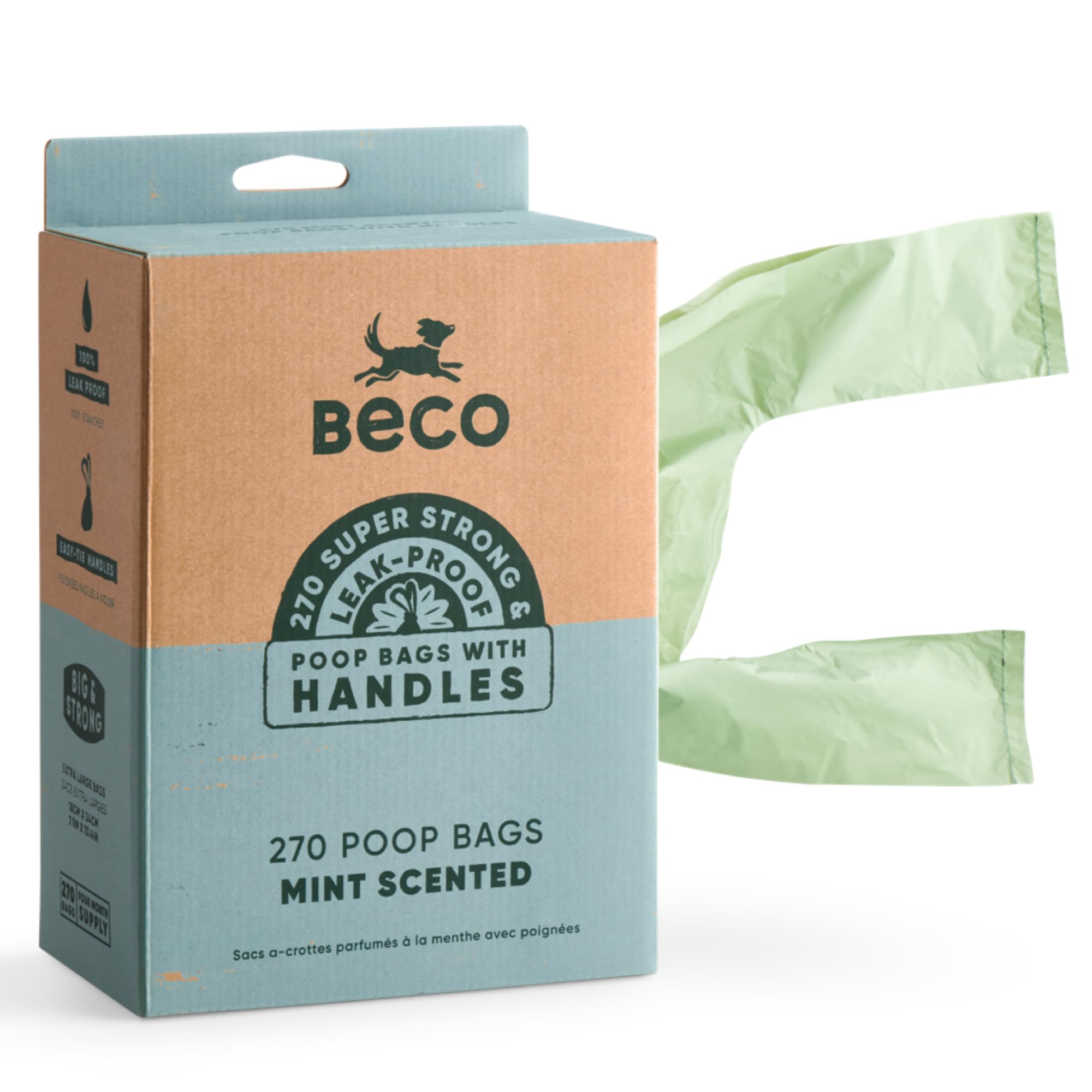 Beco Dog Poo Bags - Strong & Large Poop Bags - 270 Bags, Tie Handles, Loose Packed, Mint Scented Dog Waste Bags