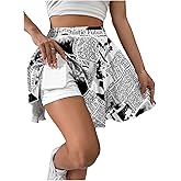 WDIRARA Women's Newspaper Graphic Print Skorts High Waist Flowy Athletic Skirts with Shorts Underneath