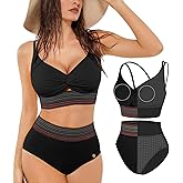Popilush Tummy Control Swimsuits for Women - High Waisted Bikini Sets Shapewear with Boho Trim 4 Way Wear Pool and Beach
