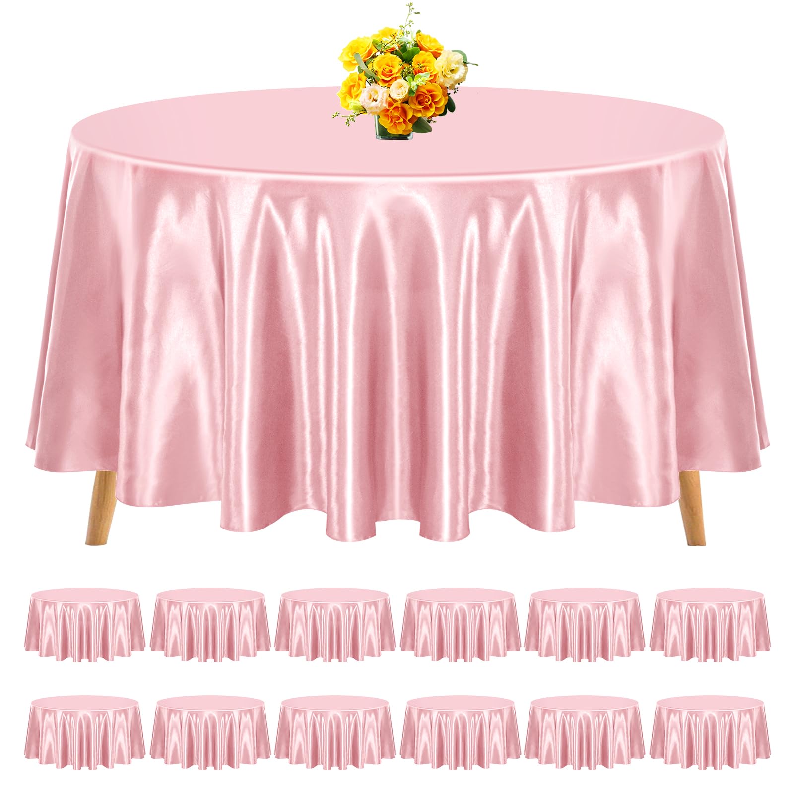 Photo 1 of REWOMC 12 Pack 108 Inch Round Tablecloth, Rose Gold Satin Fabric Table Cloth for Round Tables, Wrinkle Resistant Washable TableCover Bright Silk Table Clothes for Wedding Party Dining Tables Banquet