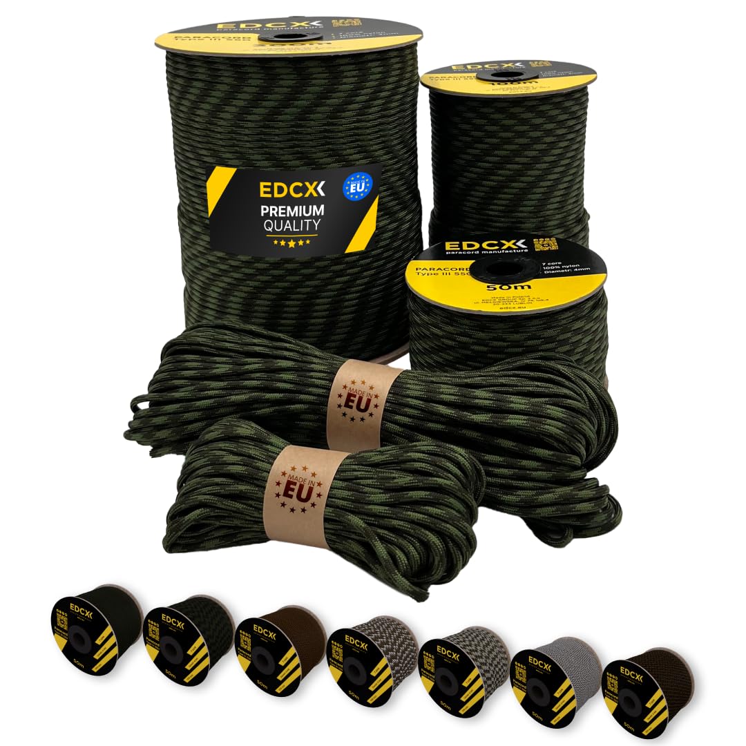 EdcX Paracord 4mm, 20+ Military Colors (15m, 30m, 50m, 100m, 300m) | Ideal for Camping, Survival, Outdoor, Crafting, DIY | 100% Nylon Rope 4mm | Tactical Cord 550 Type III (O.D. Moss, 300 m)