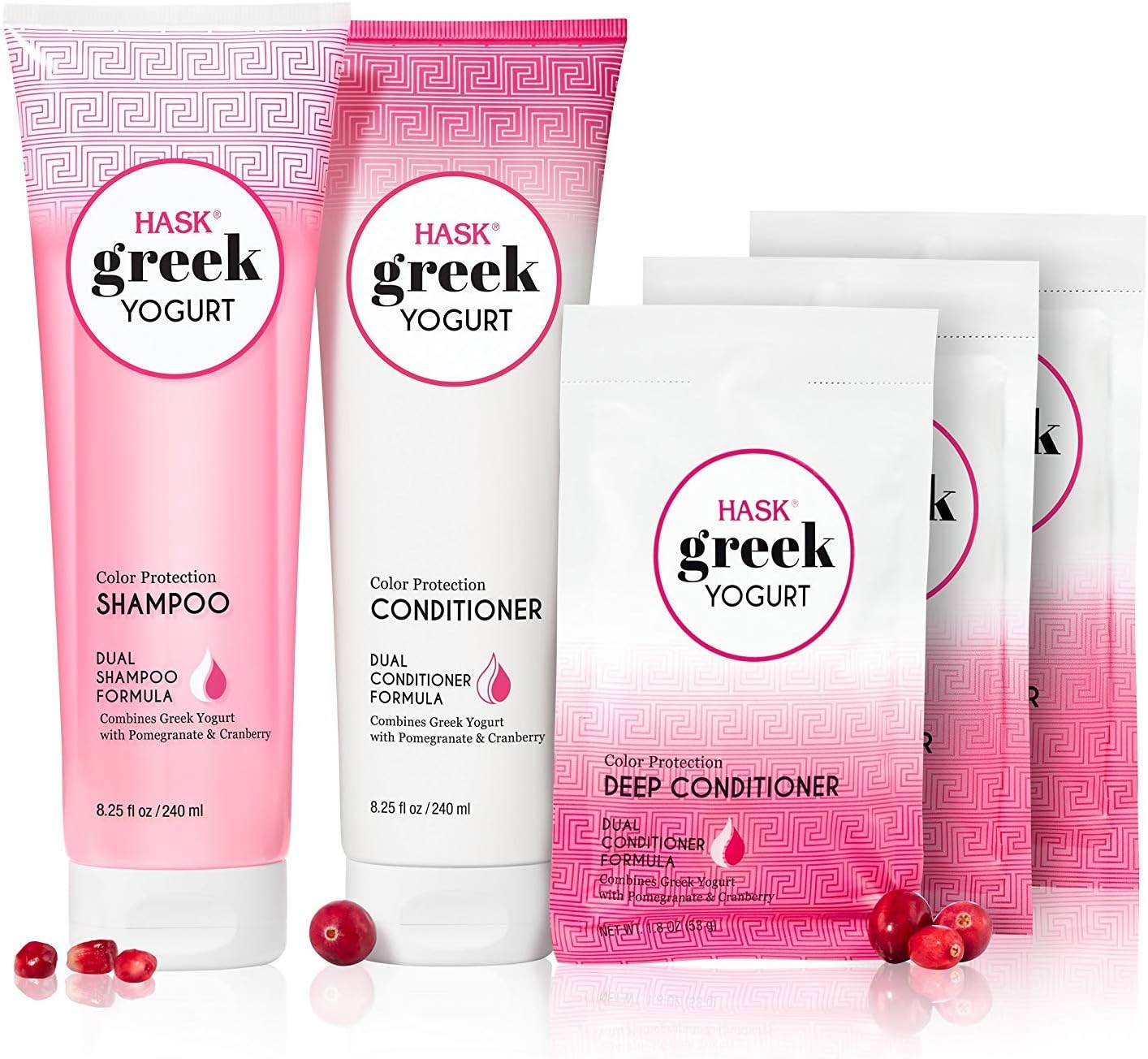HASK Shampoo and Conditioner Greek Yogurt Color Protection gluten free, sulfate free, paraben free - Cranberry & Pomegranate 1 Shampoo, 1 Conditioner and 3 Deep Conditioning Treatments
