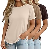 Velvelhall 3 Pack Women's Short Sleeve T-Shirts Casual Crewneck Tops Basic Loose Fit Rolled Sleeve Tees Summer Plain Shirts