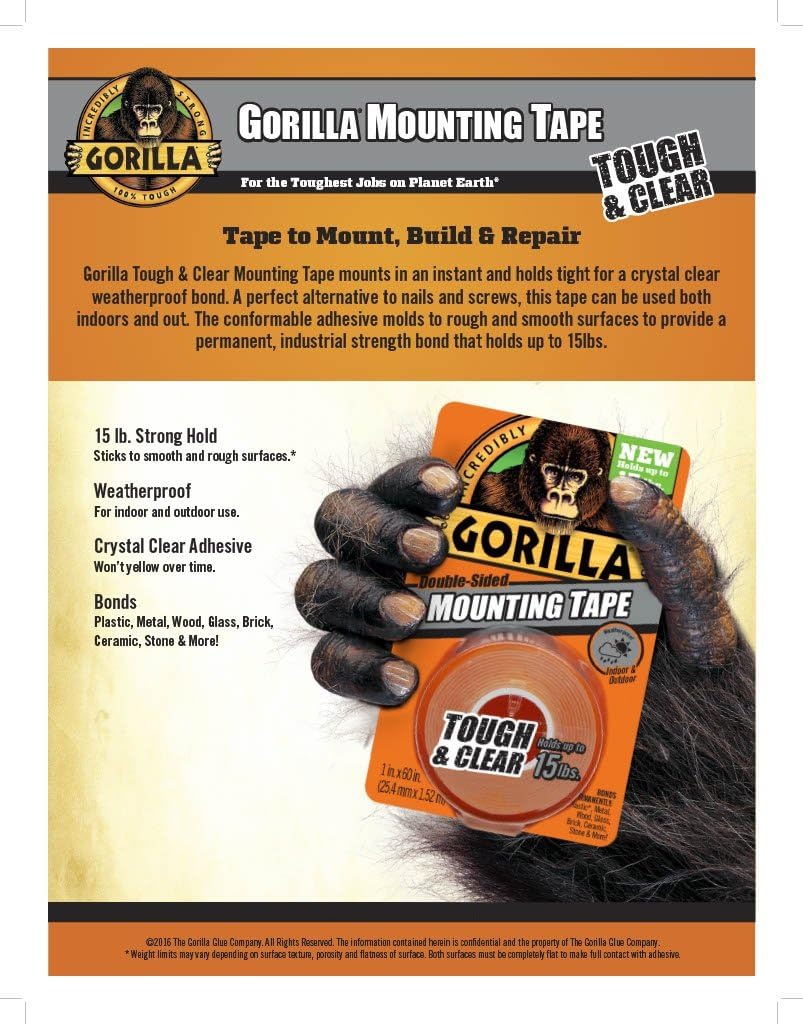 Gorilla Tough & Clear Double Sided Mounting Tape, 1" x 60", Clear, (Pack of 1): Home Improvement