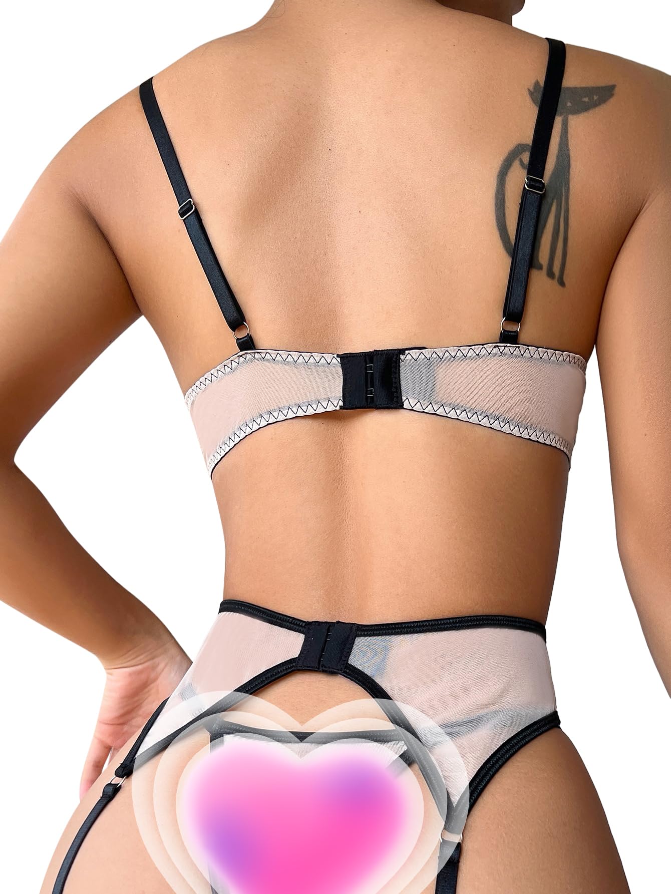 Lilosy Sexy Floral Embroidery Mesh Sheer Underwire Push Up Garter Belt Lingerie Set 3 Piece