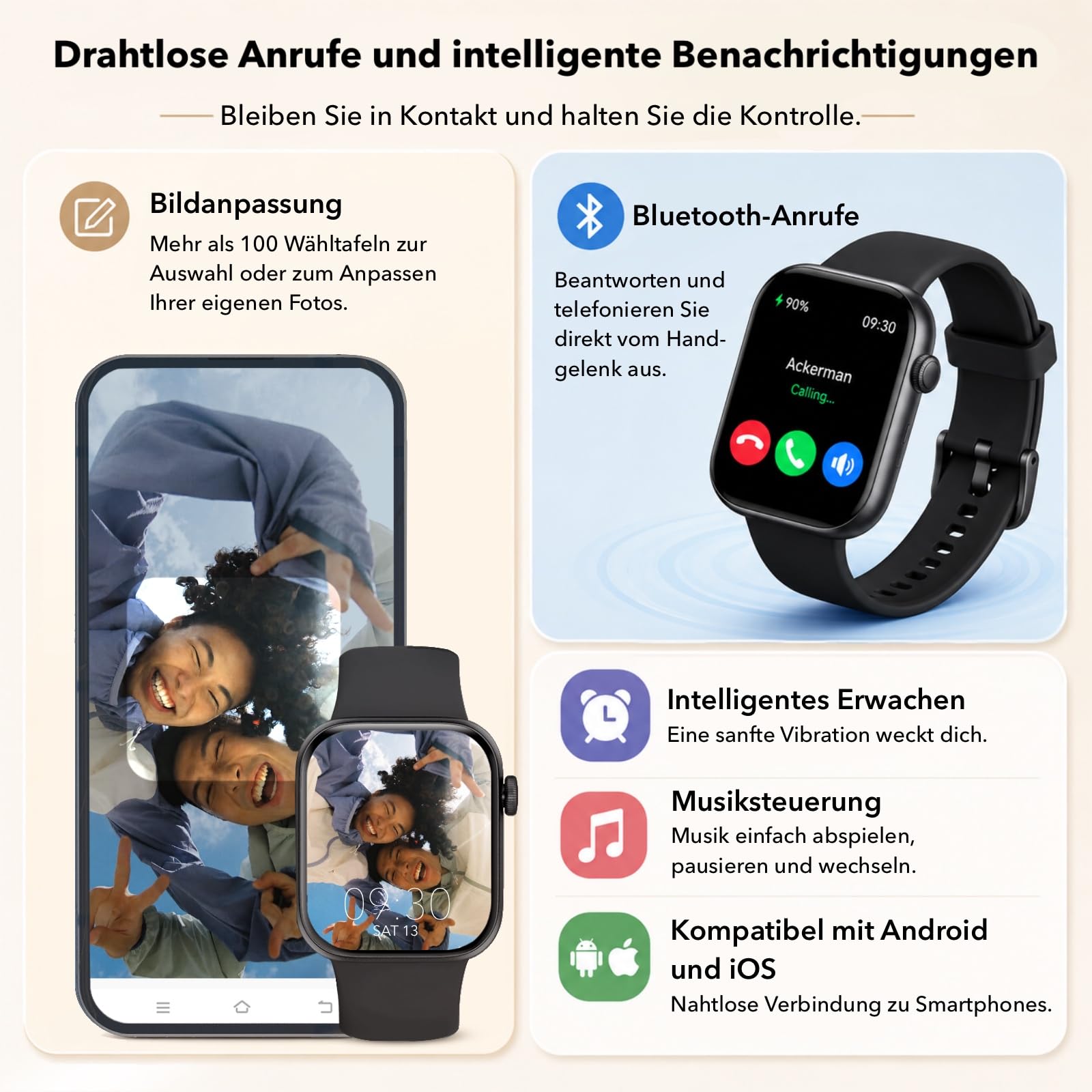 Smartwatch Damen Herren, 1,85" HD Touch Fitnessuhr mit Telefonfunktion, 140+Sportmodi Smart Watch Fitness Tracker mit Pulsmesser Schlafmonitor Schrittzähler, IP68 Wasserdicht Sportuhr für iOS Black 4