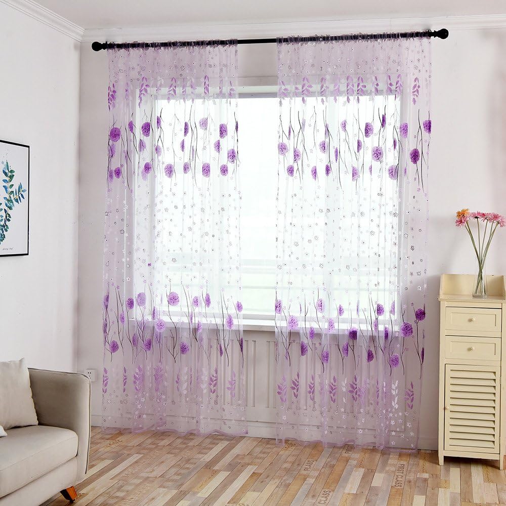 About1988 Leaves Printed Semi Transparent Voile Curtains Classical Embroidery Voile Curtains Ultra Sheer Curtains Eyelet Curtains (purple)