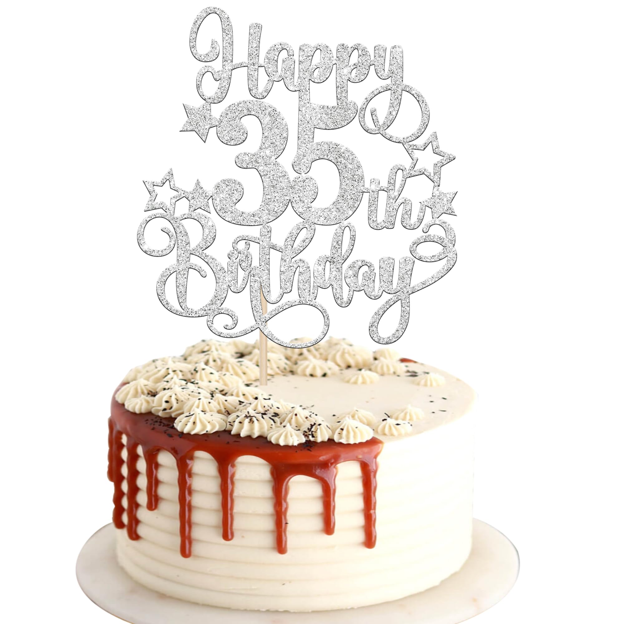 1 PCS Happy 35th Birthday Cake Topper Glitter Cheers to 35 Years Birthday Cake Pick Hello 35 Fabulous Cake Decoration for Happy 35th Birthday Anniversary Party Decorations Supplies silver