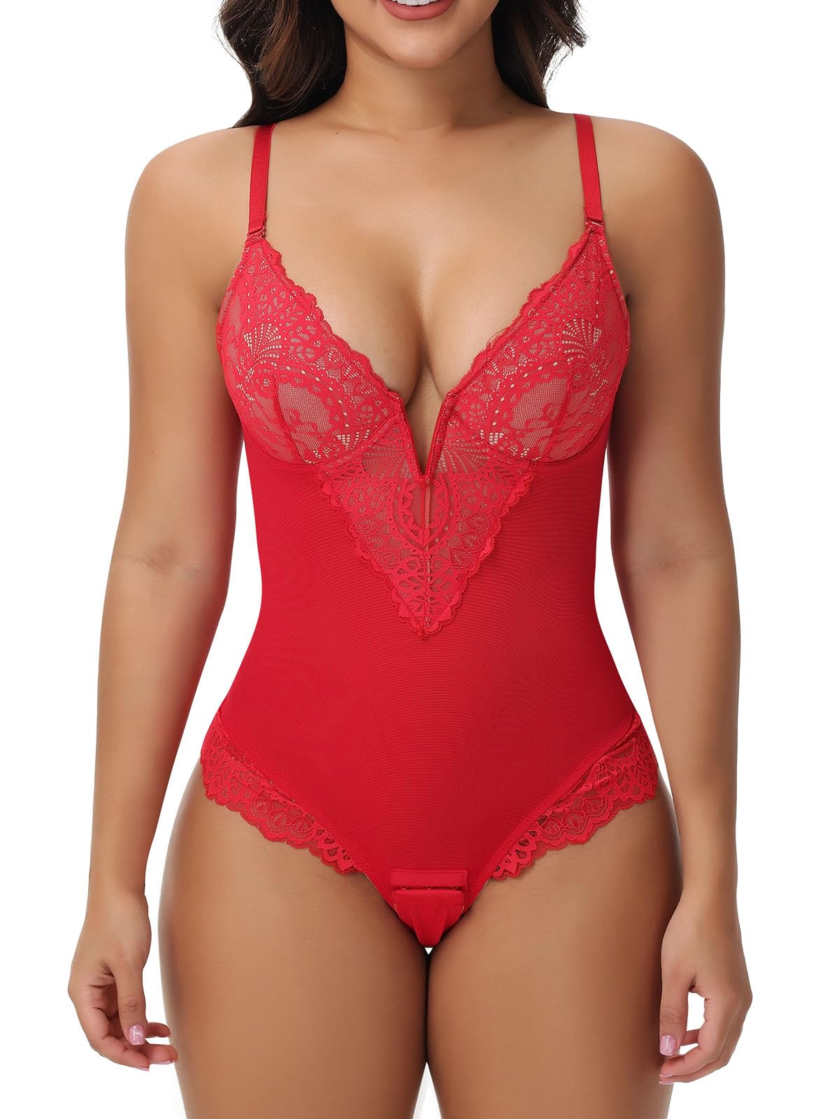 Photo 1 of SHAPERIN Corset Bodysuit for Women Sexy Lace Body Suits Tummy Control Thong Shapewear Corset Tops Body Shaper Red XL