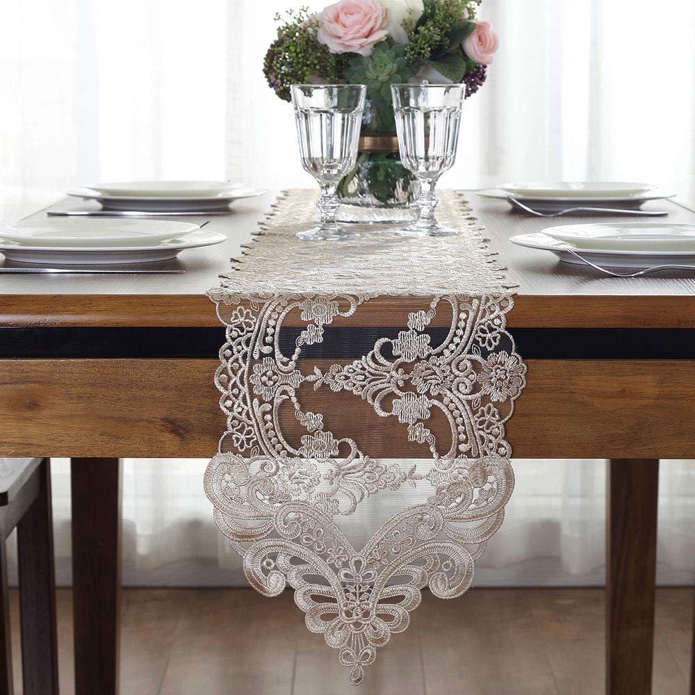 ARTABLE Rectangle Lace Macrame Table Runner Embroidered Table Runners with Exquisite Vintage Shabby Chic for Holiday Wedding Long Dinner Tables (Champagne, 10" x 70")