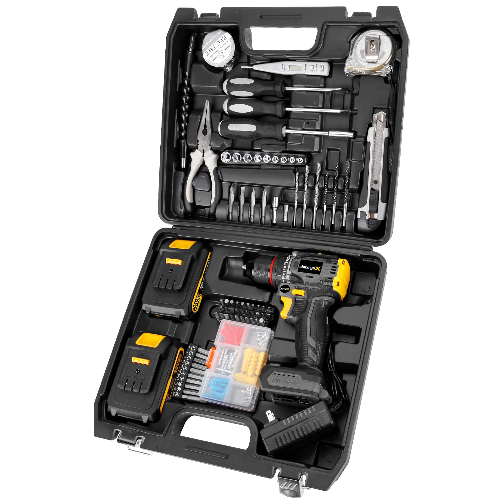Brushless Compact Drill Tool Set, 60N.m 20V Cordless Drill Tool Box with 2 Battery, 135Pcs Man Household Combo Set with DIY Hand Taladros Kits, 531 In-lb Kit with Drill for Daily Home Repair