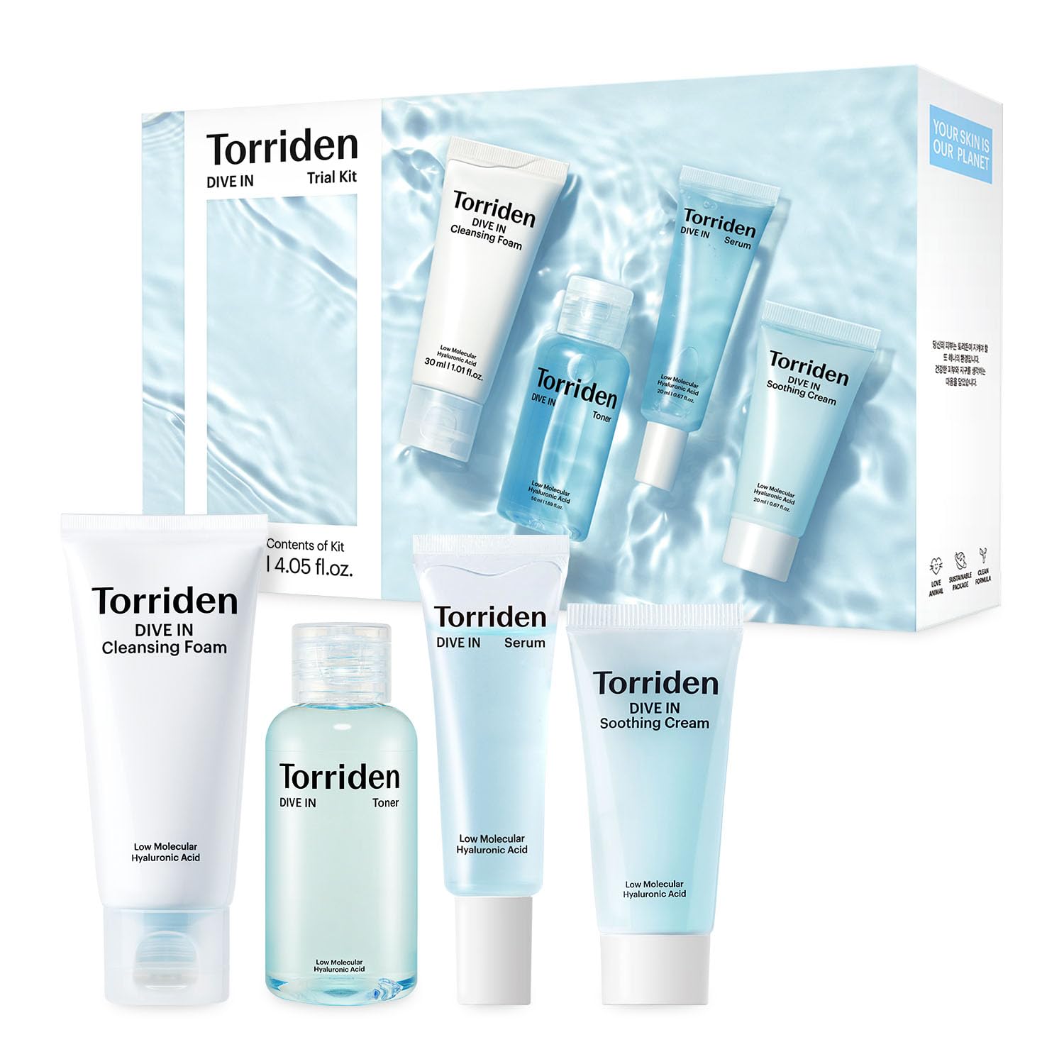 Torriden DIVE IN Sample Set | Daily Skin Care Set with Hyaluronic Acid - 4-Step Care Routine with Cleansing Foam, Facial Toner, Serum and Cream | Korean Skincare Set