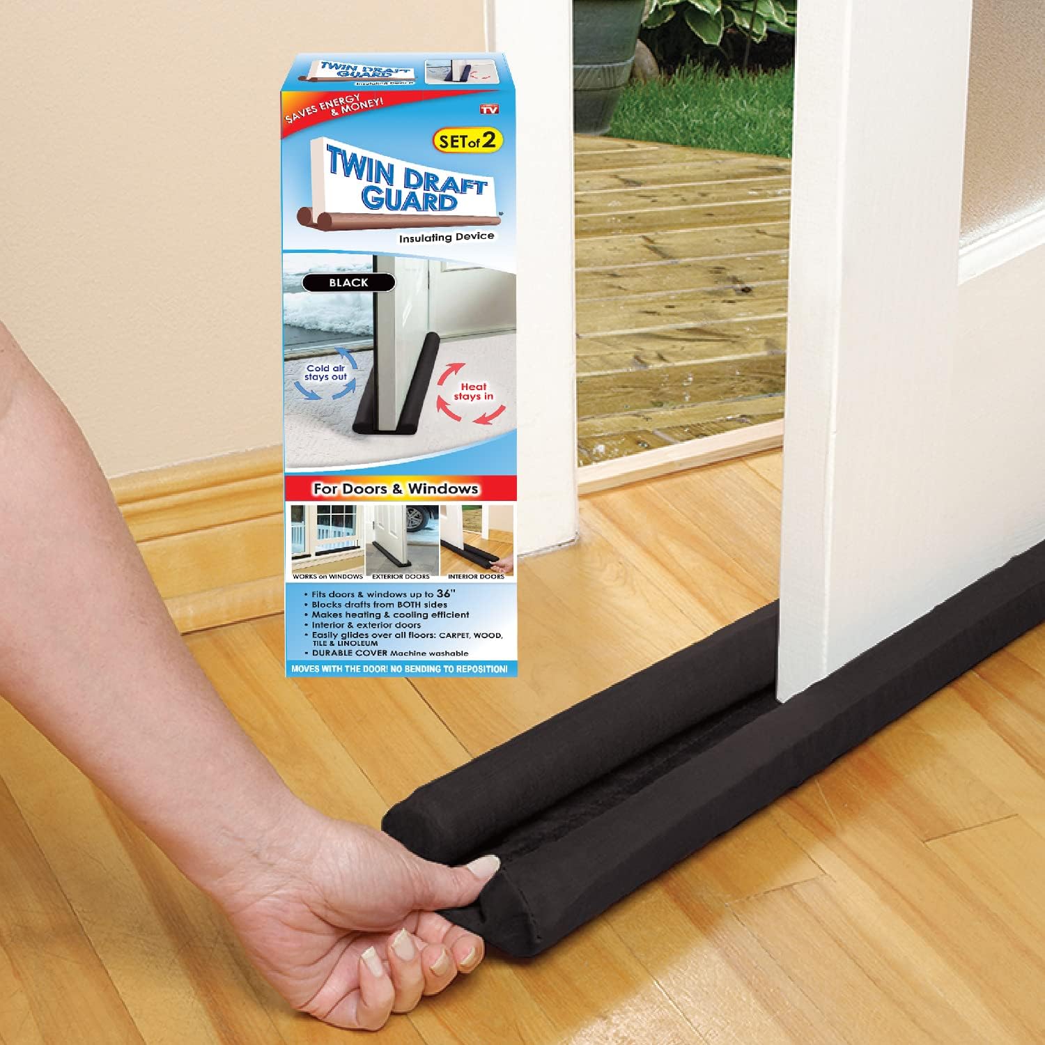 Draft Stoppers - Original Twin Draft Guard, Set of 2, Year-Round Insulator Door Seal Strip, Trademarked and Patented Under-Door Draft Stopper for Bottom of Door, 36-Inch Dust, Wind, and Noise Insulator, Black