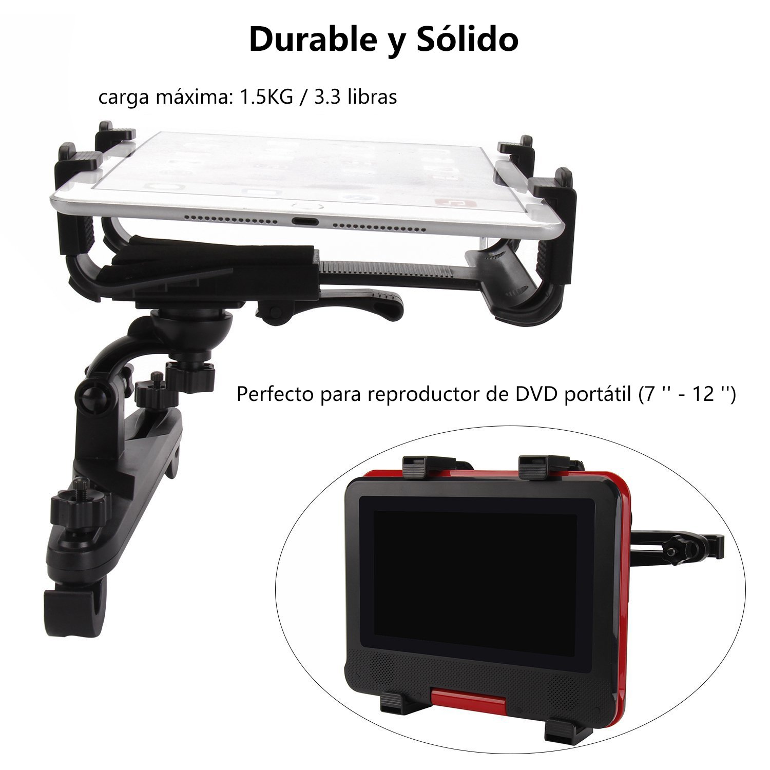 Soporte para tablet para reposacabezas de coche - Compatible con Apple iPad Air / Mini, Samsung Galaxy Tab, Kindle Fire, reproductor de DVD portátil,y otras tabletas de 7\'\'-12\