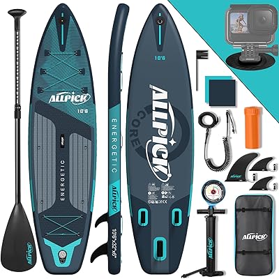 ALLPICK Premium SUP Board Set, Stand Up Paddling Board Aufblasbar, Mit Universal Kamerahalterung, Komplettes Zubehör, Verstellbares Paddel, Anfänger, Fortgeschrittene, 200kg
