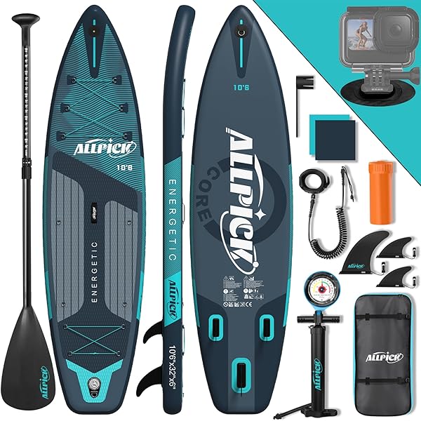 ALLPICK Premium SUP Board Set, Stand Up Paddling Board Aufblasbar, Mit Universal Kamerahalterung, Komplettes Zubehör, Verstellbares Paddel, Anfänger, Fortgeschrittene, 200kg