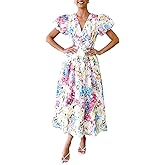 Flessibili Womens V Neck Flutter Sleeve Boho Midi Dress Summer Wedding Guest Beach Party Long Dresses