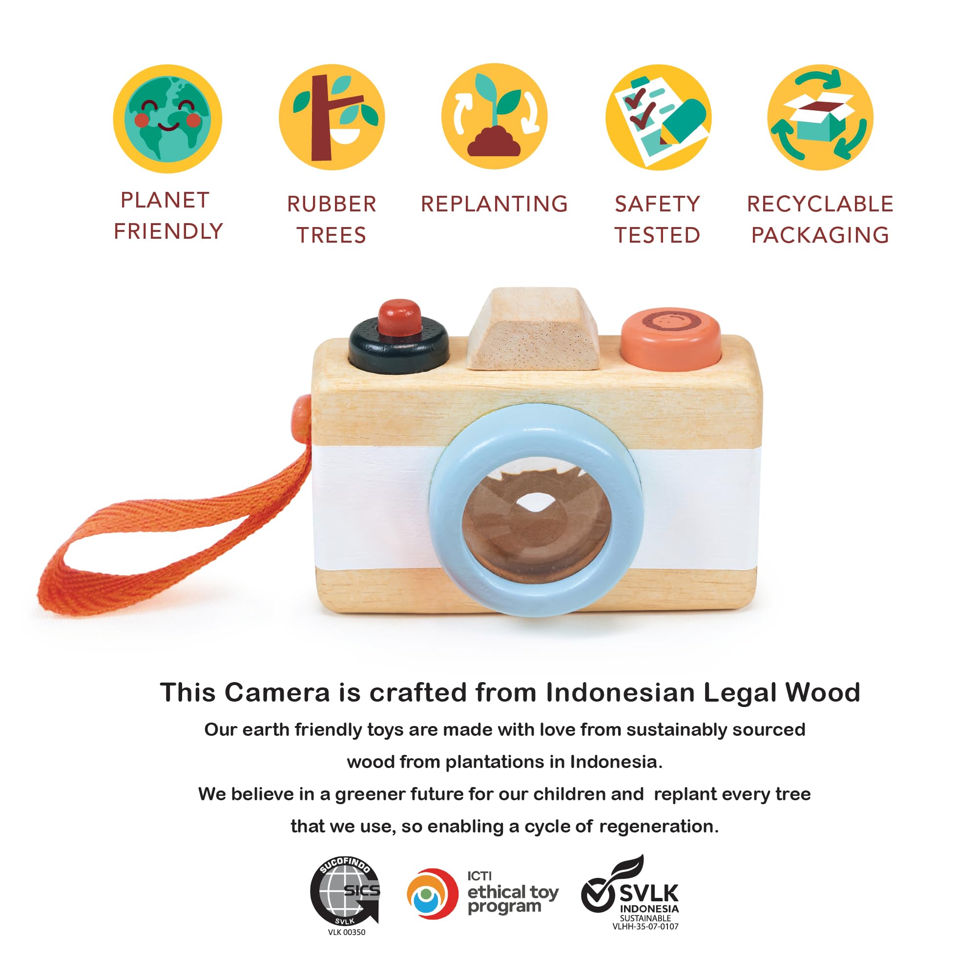 Mentari Toys - Camera - Wooden Pretend Camera Toy for Toddlers with Kaleidoscope Lens - Early-Learning Camera for Sense Stimulation and Motor Skills - Portable Toy for Imaginative Play - Age 2+