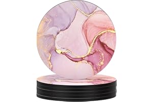 Nipichsha Coasters for Drinks, Set of 6 Cute Absorbent Rubber Drink Coasters for Cup with Non Slip Backing, Kitchen Home Decor Housewarming Gift, Round 4 in, Pink Marble