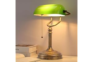 NISSAFORS Bankers Desk Lamp, Green Glass Shade, Vintage Desk Lamp with Pull Chain Switch, Retro Table Lamp LED Bulb for Home 
