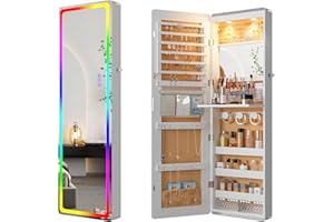 HNEBC LED Mirror Jewelry Cabinet with RGB Lights,47.2" Wall Mounted Jewelry Organizer with Full-Length Mirror,Over The Door Hanging Jewelry Armoire Storage Cabinet,Folding Dresser,2 Drawers,Lockable