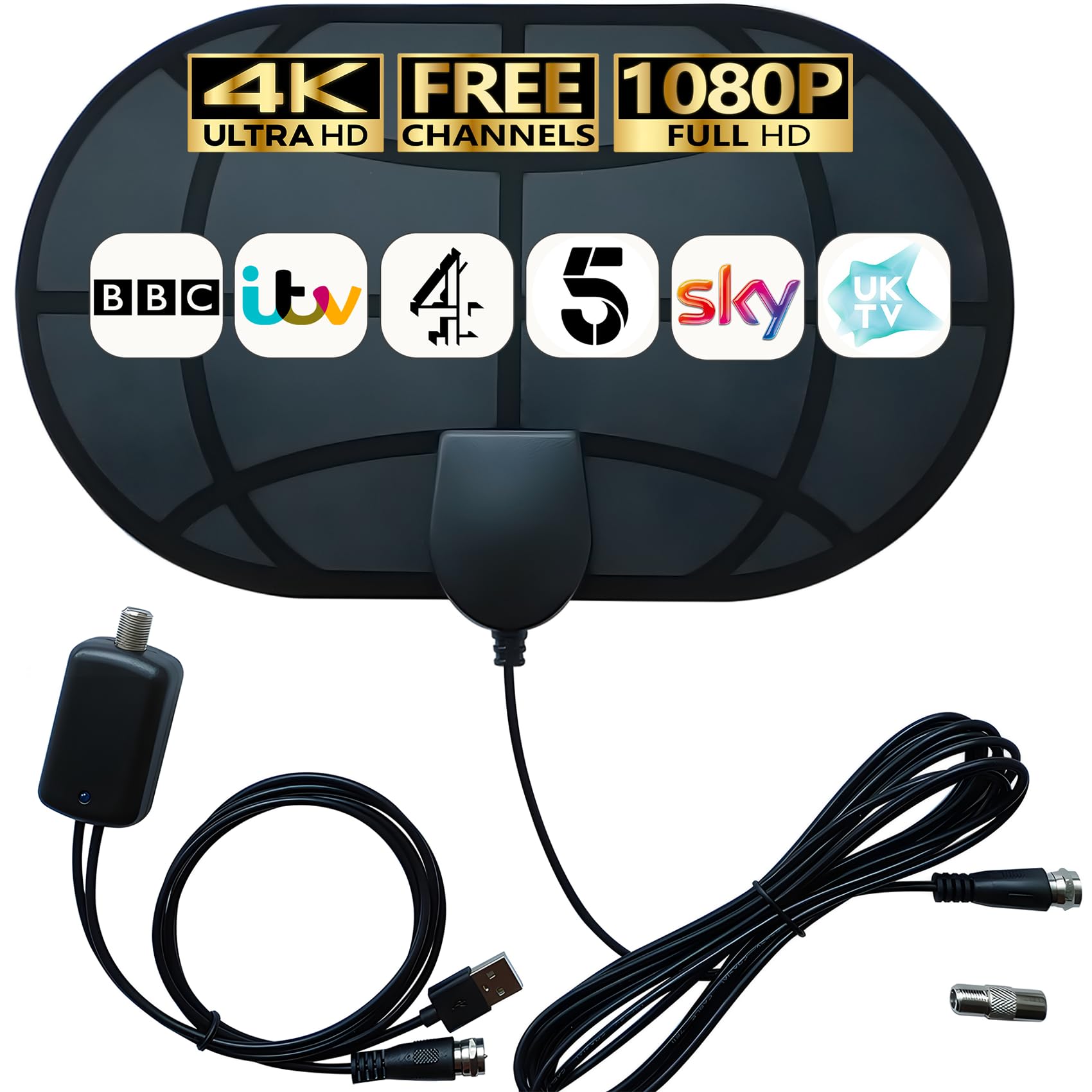 TV Aerial with Signal Booster - 4K HD Digital Indoor Antenna for Local Channels - 360° Long Reception Support for All TV Types