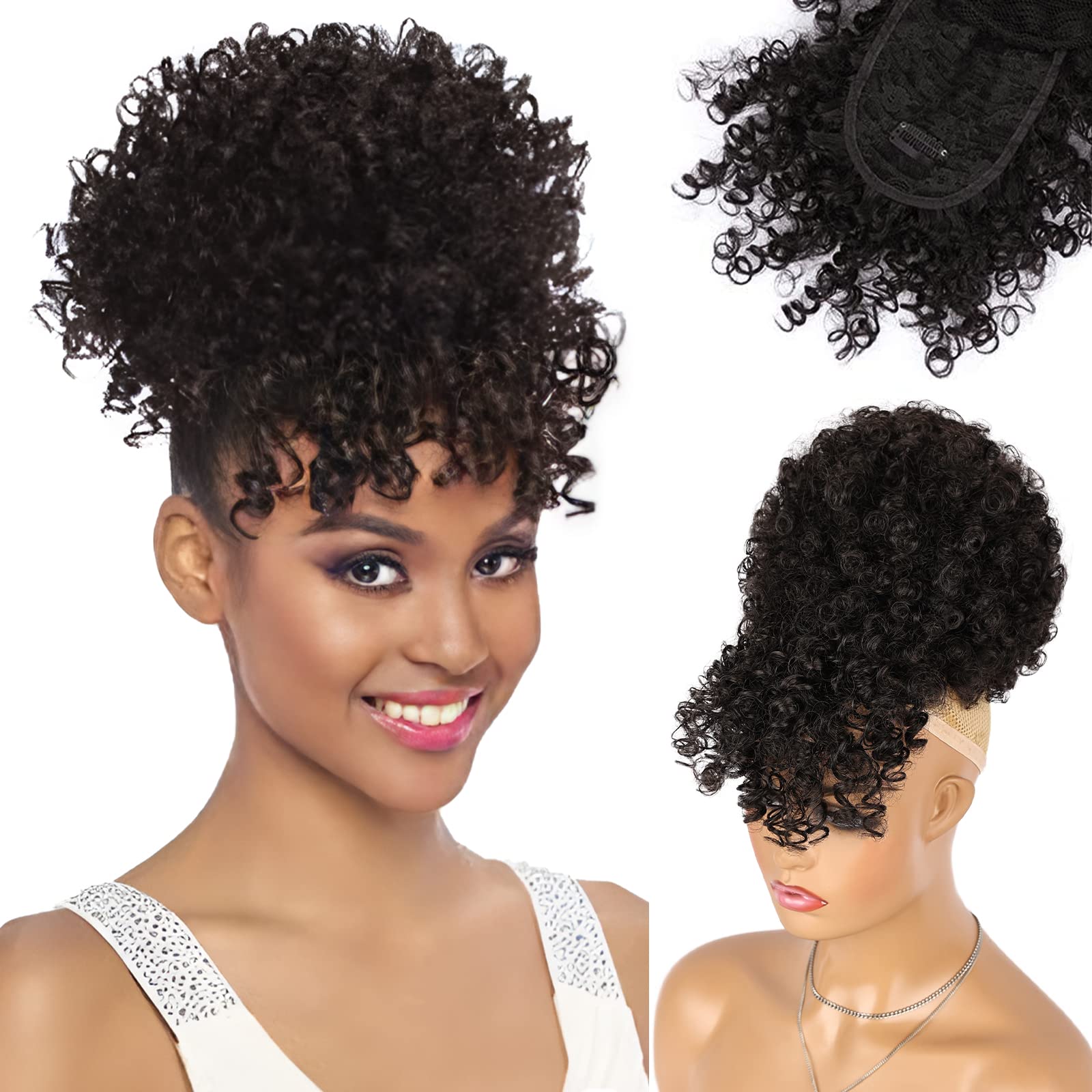 Photo 1 of ENTRANCED STYLES Drawstring Ponytail with Bangs Afro Puff Ponytail Hair Extensions for Black Women Short Kinky Curly Puff Ponytail with Bangs Curly Clip in Wrap Updo Hairpiece
