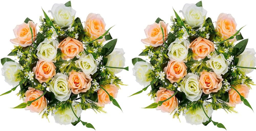 Amazon Com Nuptio 2 Pcs Artificial Silk Rose Flower Bouquet 14 Heads Fake Roses With Plastic Base For Outdoor Front Door Indoor Party Wedding Wall Table Or Window Decor Champagne White Home