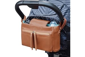MOMINSIDE Stroller Organizer With Insulated Cup Holders, 10 Pockets Stroller Accessories Leather, Universal Stroller Caddy, Adjustable Straps, Zippered Pocket, Fit All Strollers (Brown)