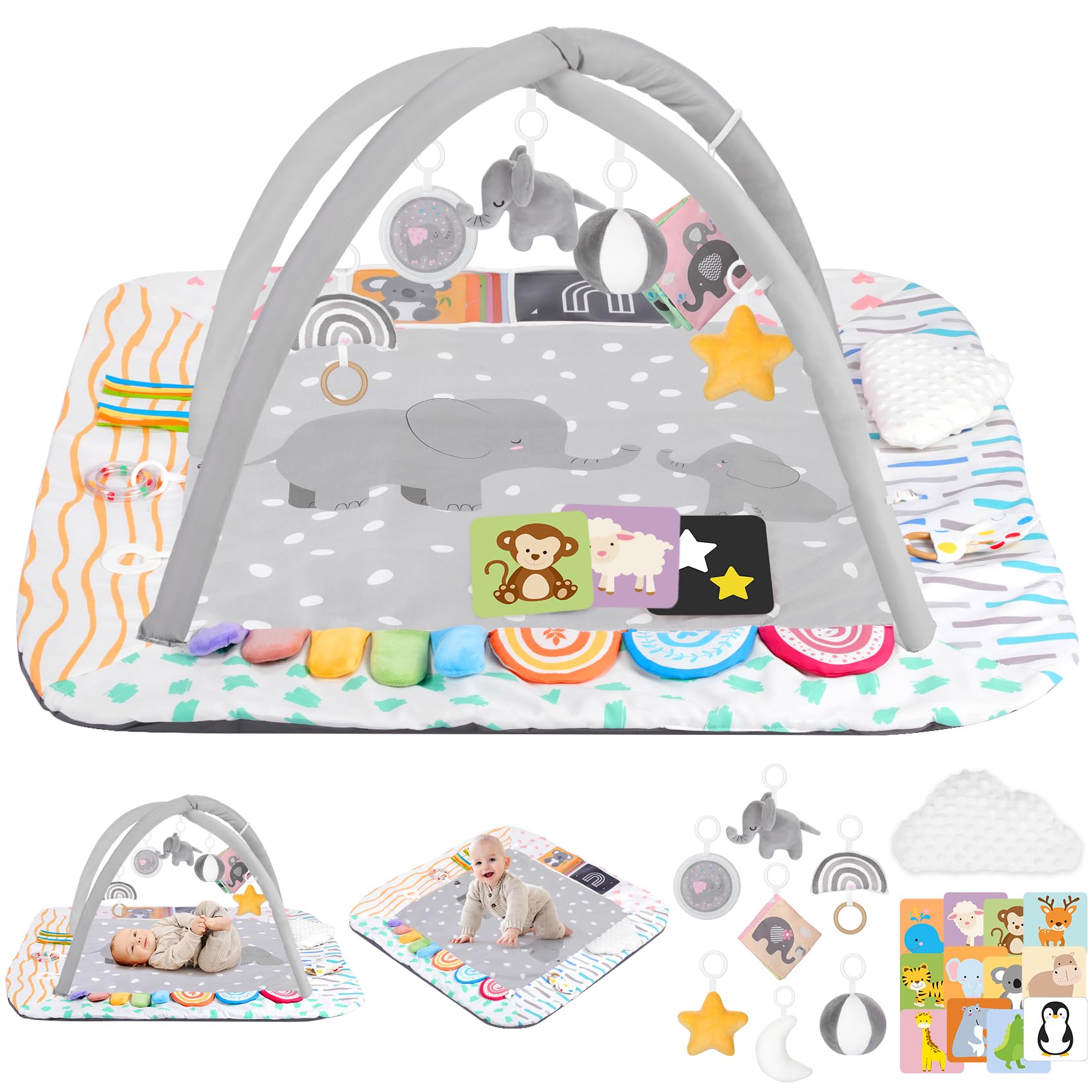 Photo 1 of Baby Play Mat Activity Gym with Tummy Time Pillow, 6 Developmental Zones Tummy Time Mat, 6 Detachable Sensory Toys and Educational Cards, Essential Baby Shower Set, Grey Elephant