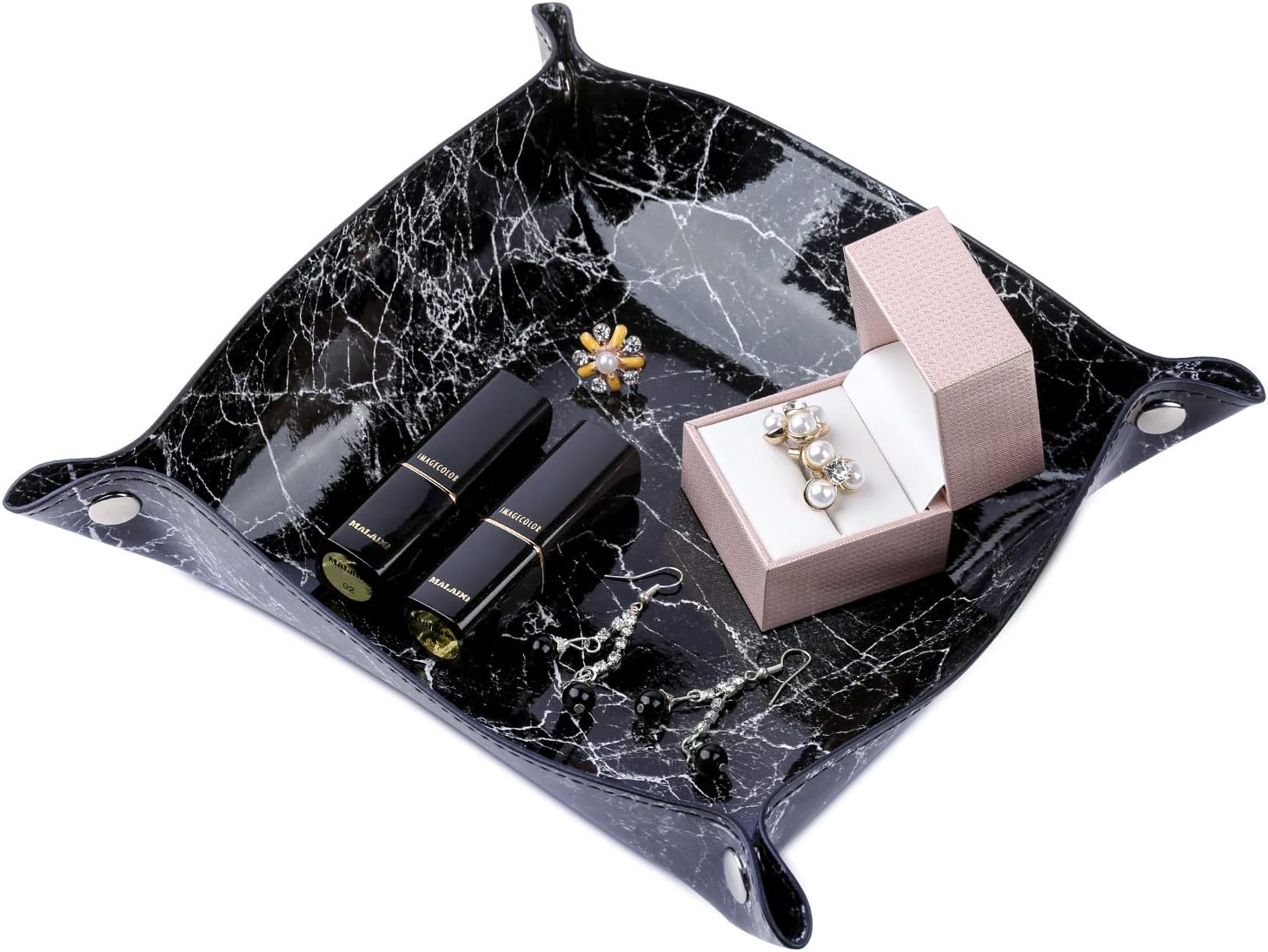 Leather Valet Tray Organizer: Nightstand Desktop Dresser Jewelry Catchall Tray for Key Coin Change Phone Wallet Marbling Design (Black)