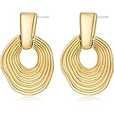 FILMOON Chic Vintage Earring Ripple Textured Dangle Hoop Doorknocker Earrings Gold Plated Earrings for Women Fashion Statement Jewelry