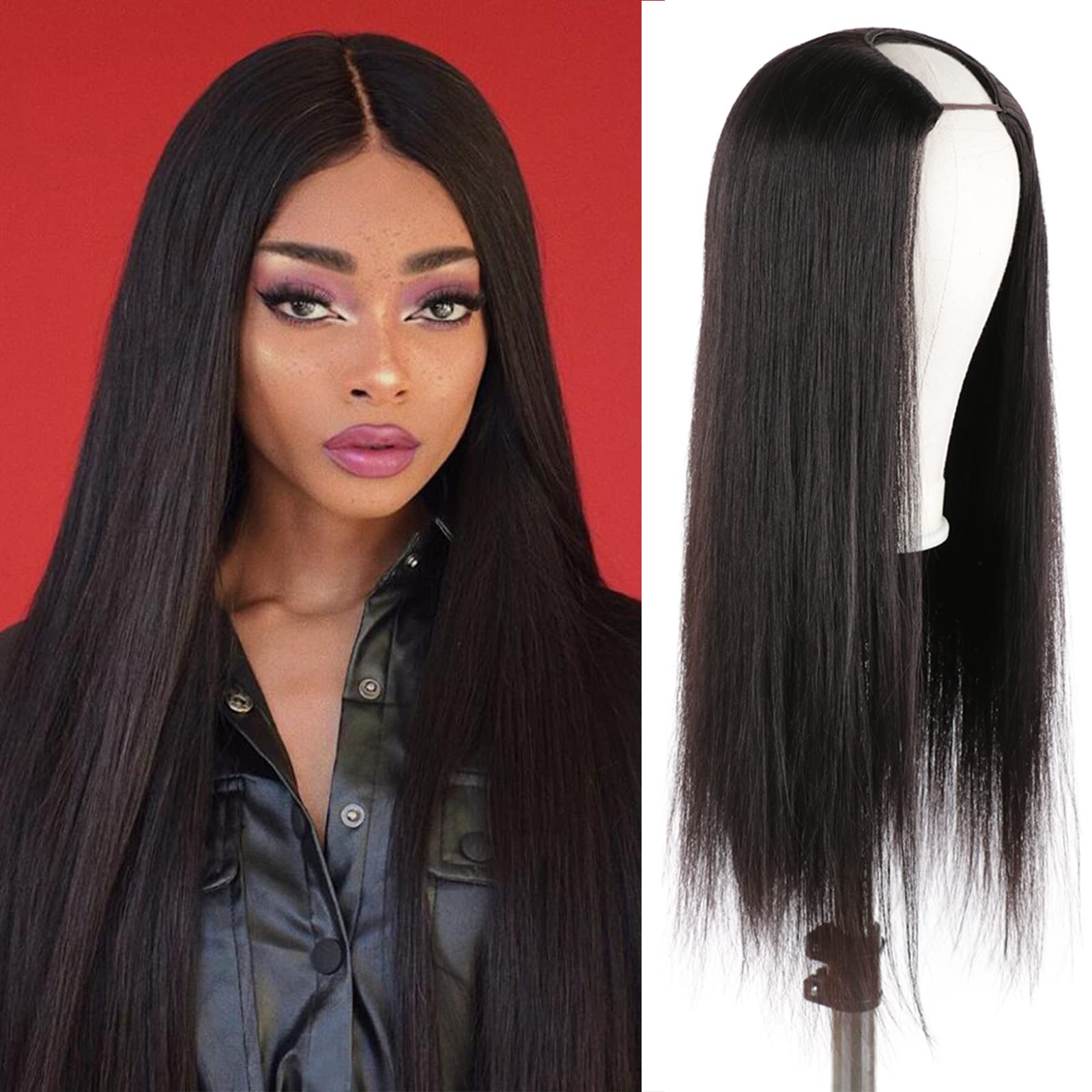 DaiMer 24 inch Straight U Part Wigs Human Hair No Lace Glueless 100% Unprocessed Remy Brazilian Hair U-part Wigs for Black Women With Clips In Extensions Natural Color