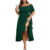 RWJ Women's Plus Size Dress for Cocktail Wedding Guest Formal V Neck Off The Shoulder Maxi Dress with Belt