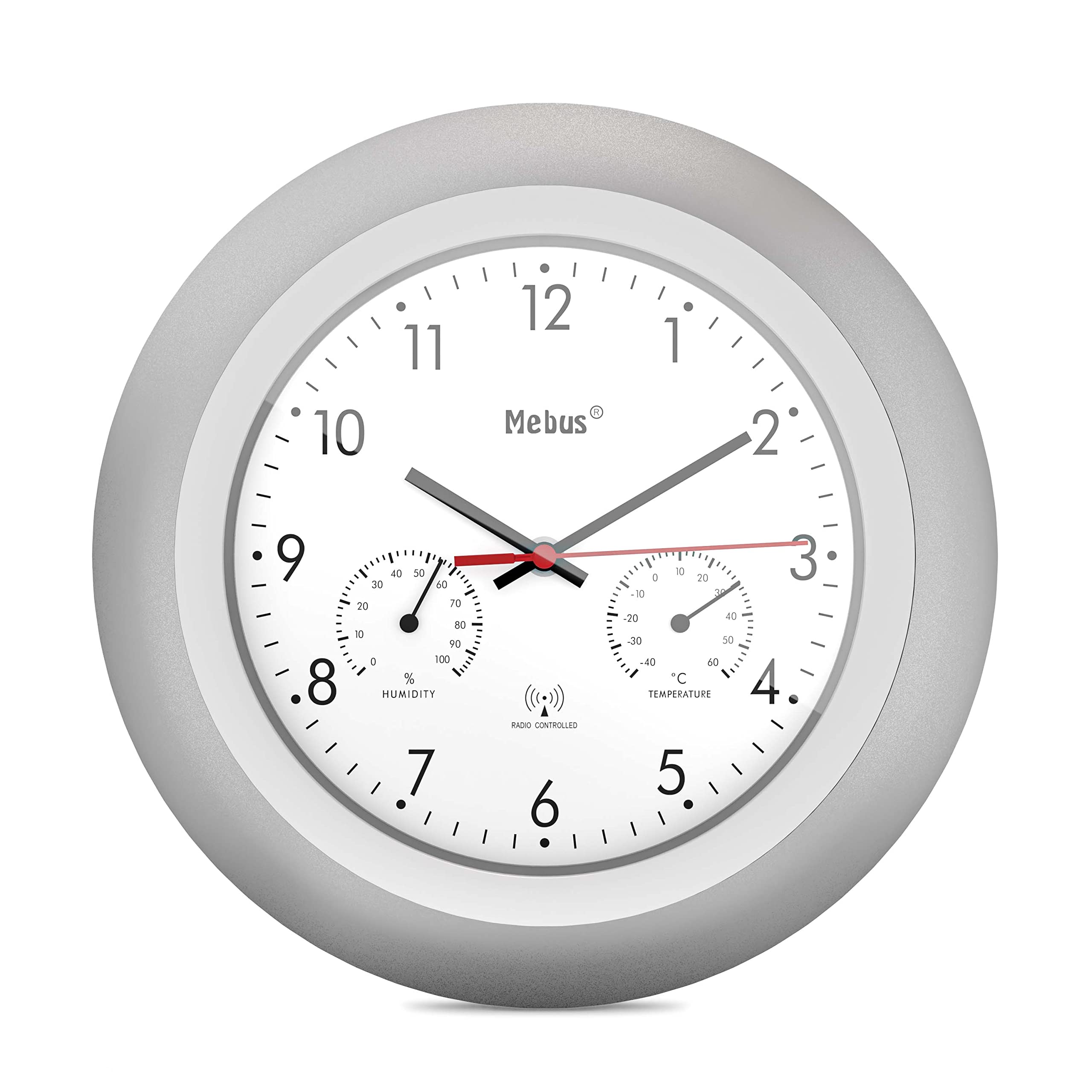 Mebus Radio-Controlled Wall Clock with Thermometer and Hygrometer/Silver Frame/White Dial/29 cm Diameter/Round/Model: 19450/Colour: Silver, White