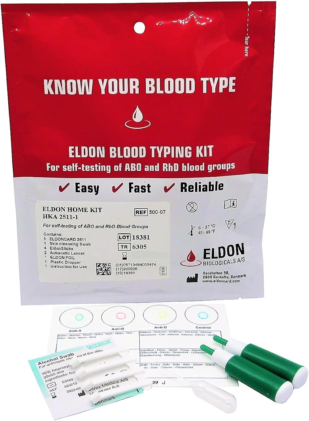 Eldon Card Blood Type Test Kit - A, B, O, AB, RHD - Home Testing
