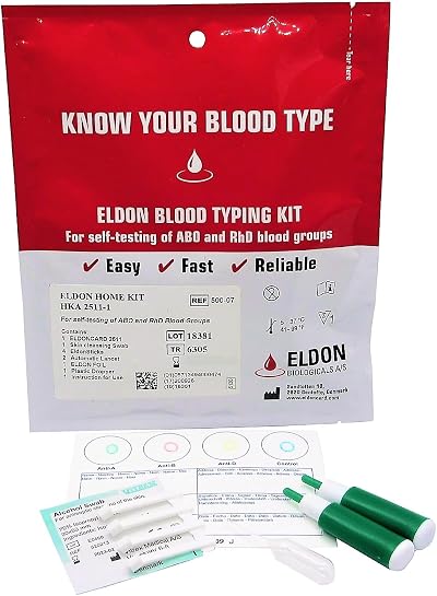Eldon Card Blood Type Test Kit - A, B, O, AB, RHD - Home Testing